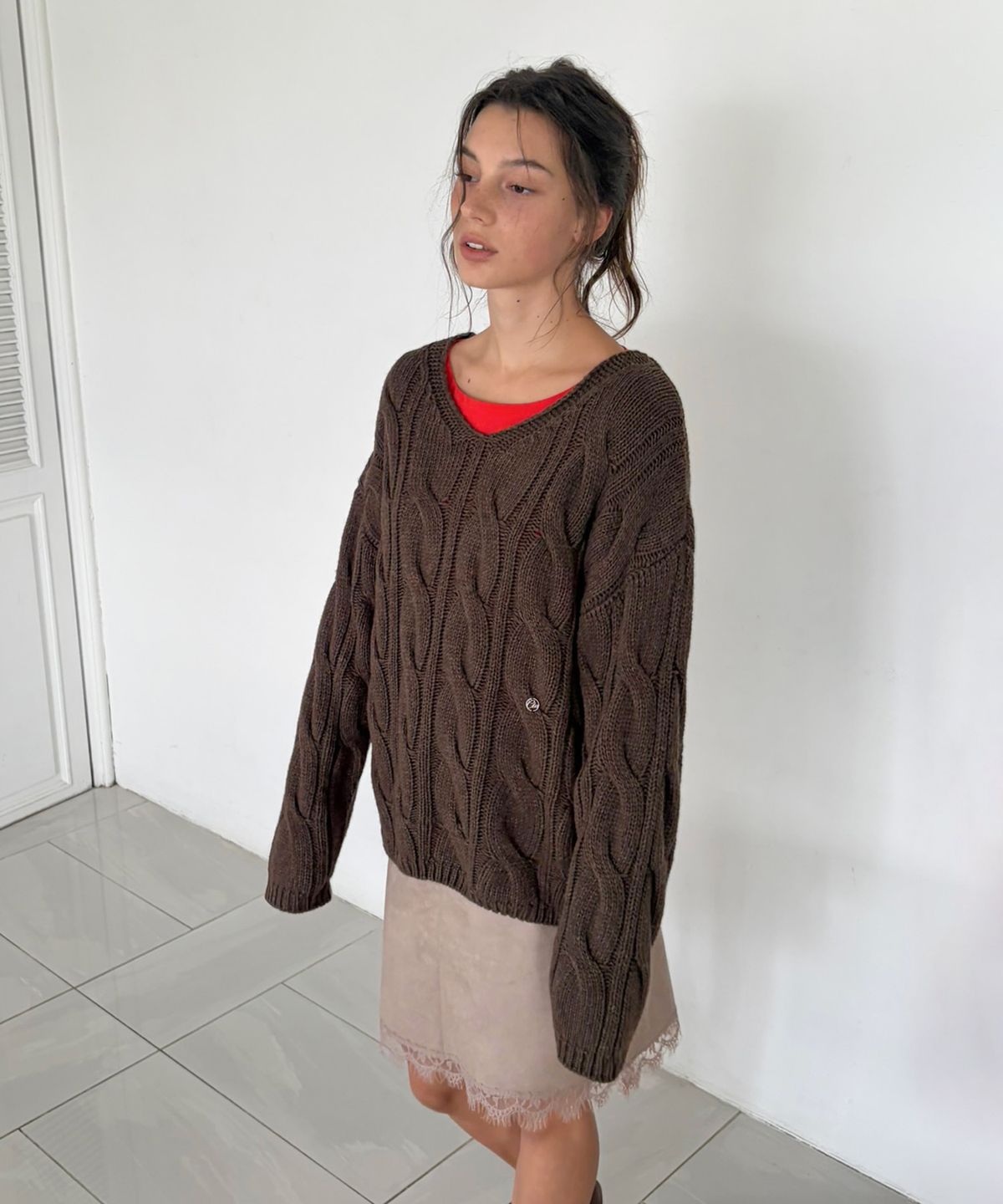 씨타(CITTA) Wool Blend Cable V-Neck Knit_CTK281(Brown)