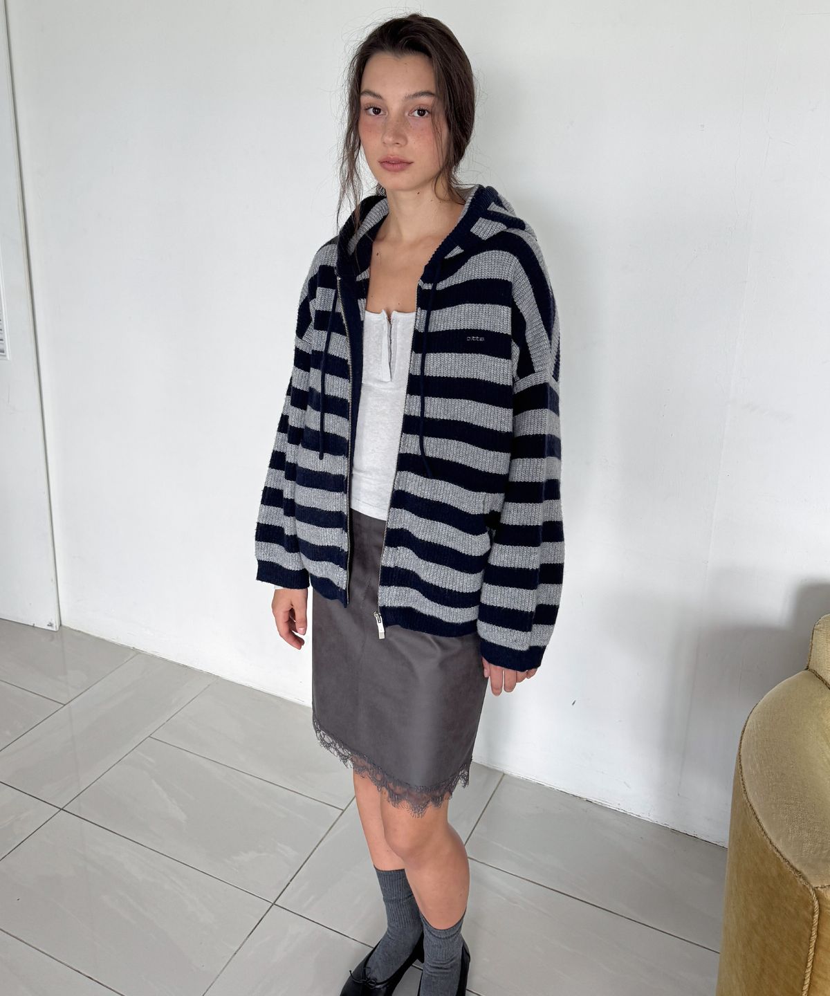 씨타(CITTA) Daily Stripe Hacci Knit Hood Zip-up_CTK280(Navy)