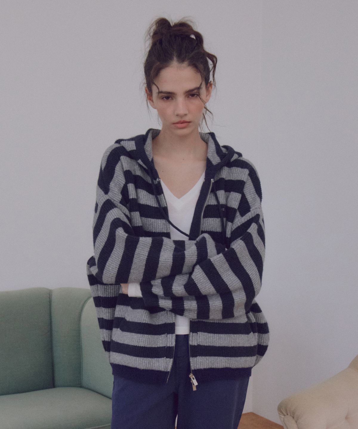 씨타(CITTA) Daily Stripe Hacci Knit Hood Zip-up_CTK280(Navy)