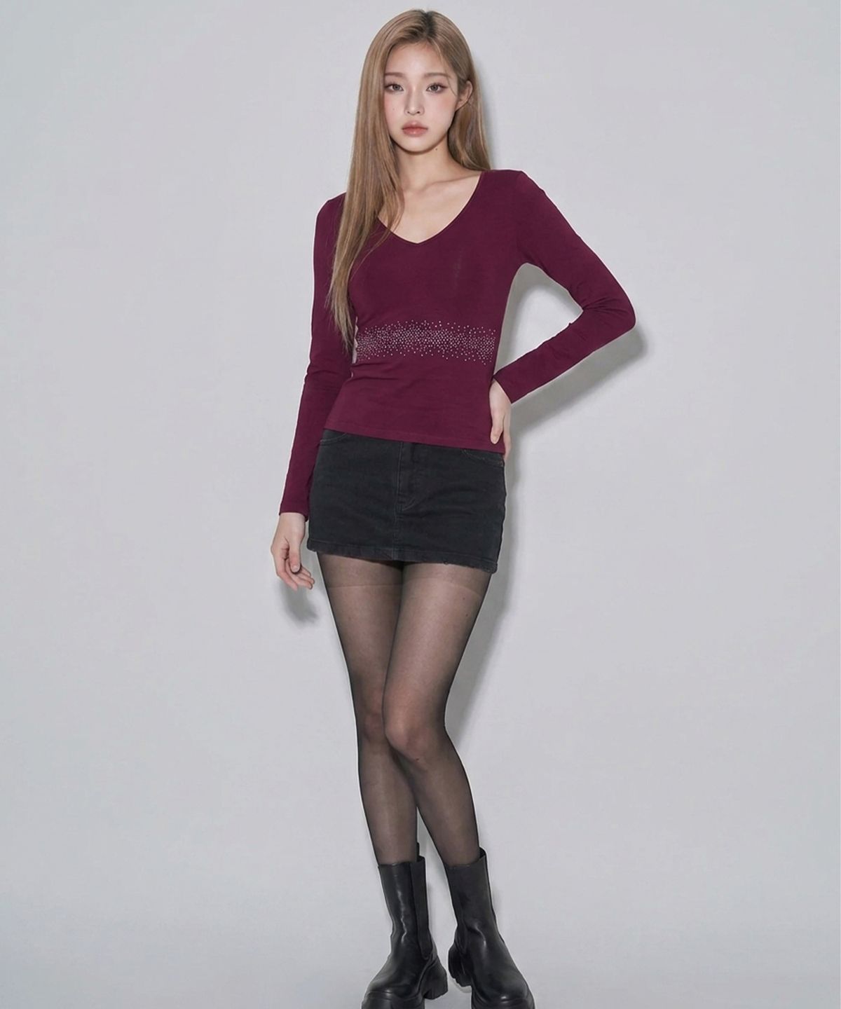본슬리피(BORN SLIPPY) Crystal Line V Long Sleeve Tee (Burgundy)