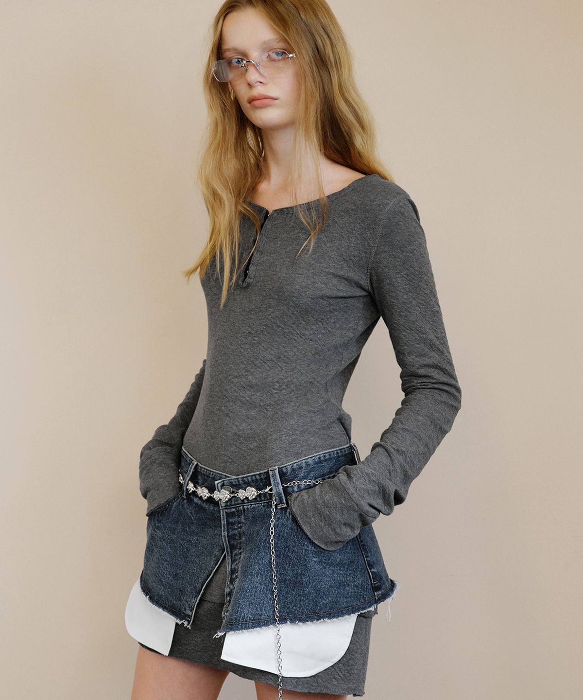 인스턴트펑크(INSTANTFUNK) RAW EDGE DENIM WRAP SKIRT - BLUE
