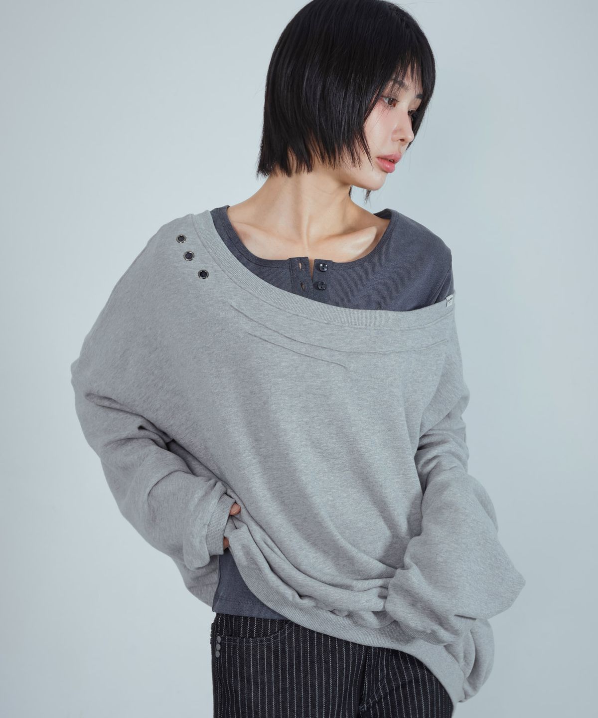 키지코(KIJIKO) ke312. Eyelet Pinch Sweatshirt Melange Gray