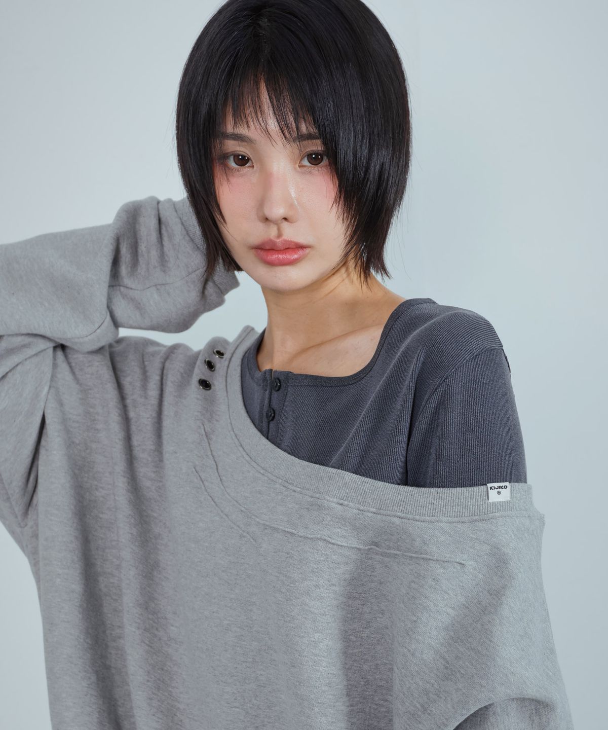 키지코(KIJIKO) ke312. Eyelet Pinch Sweatshirt Melange Gray