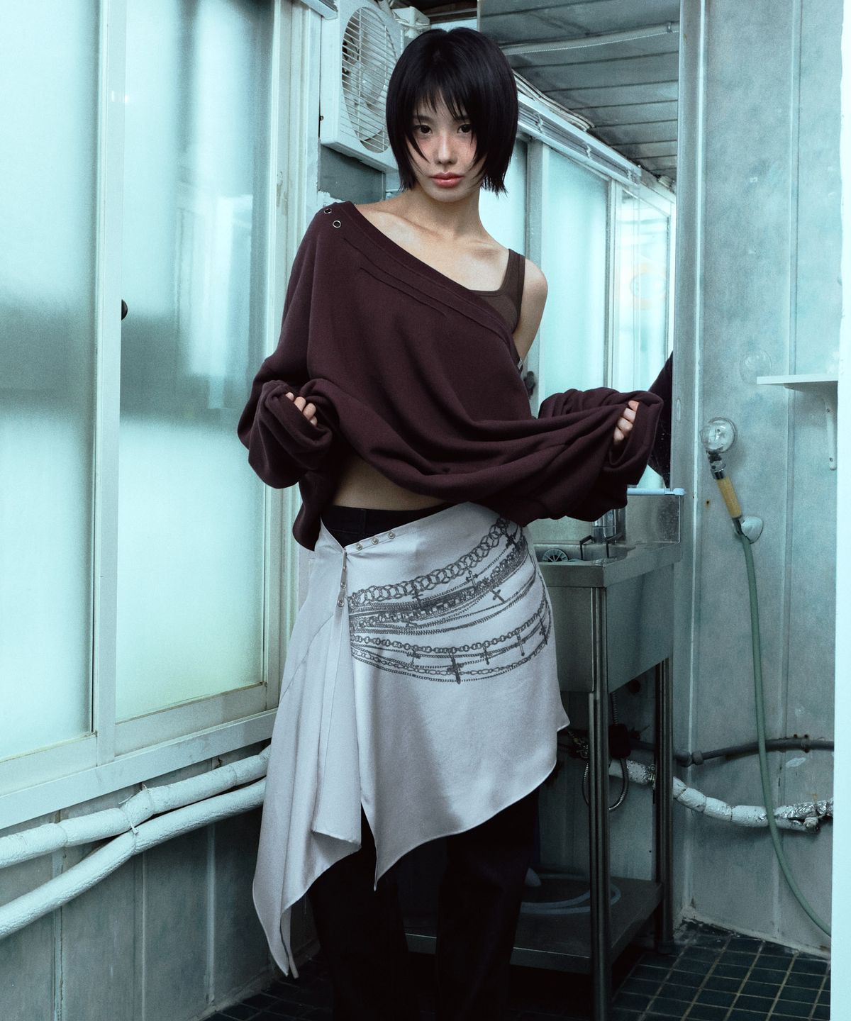 키지코(KIJIKO) ke312. Eyelet Pinch Sweatshirt Burgundy