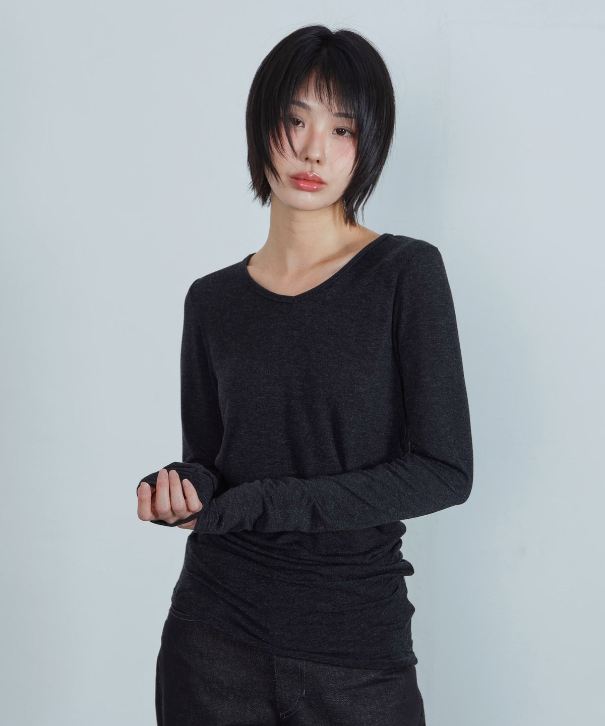 키지코(KIJIKO) ke311. Curved Sheer Tee Charcoal