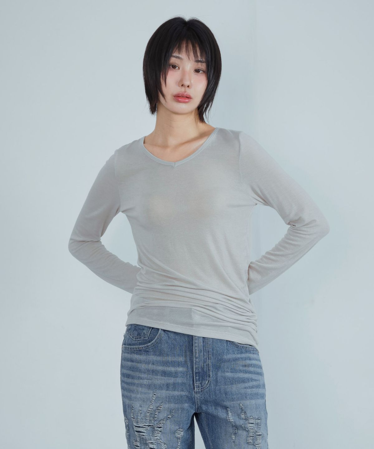 키지코(KIJIKO) ke311. Curved Sheer Tee Gray