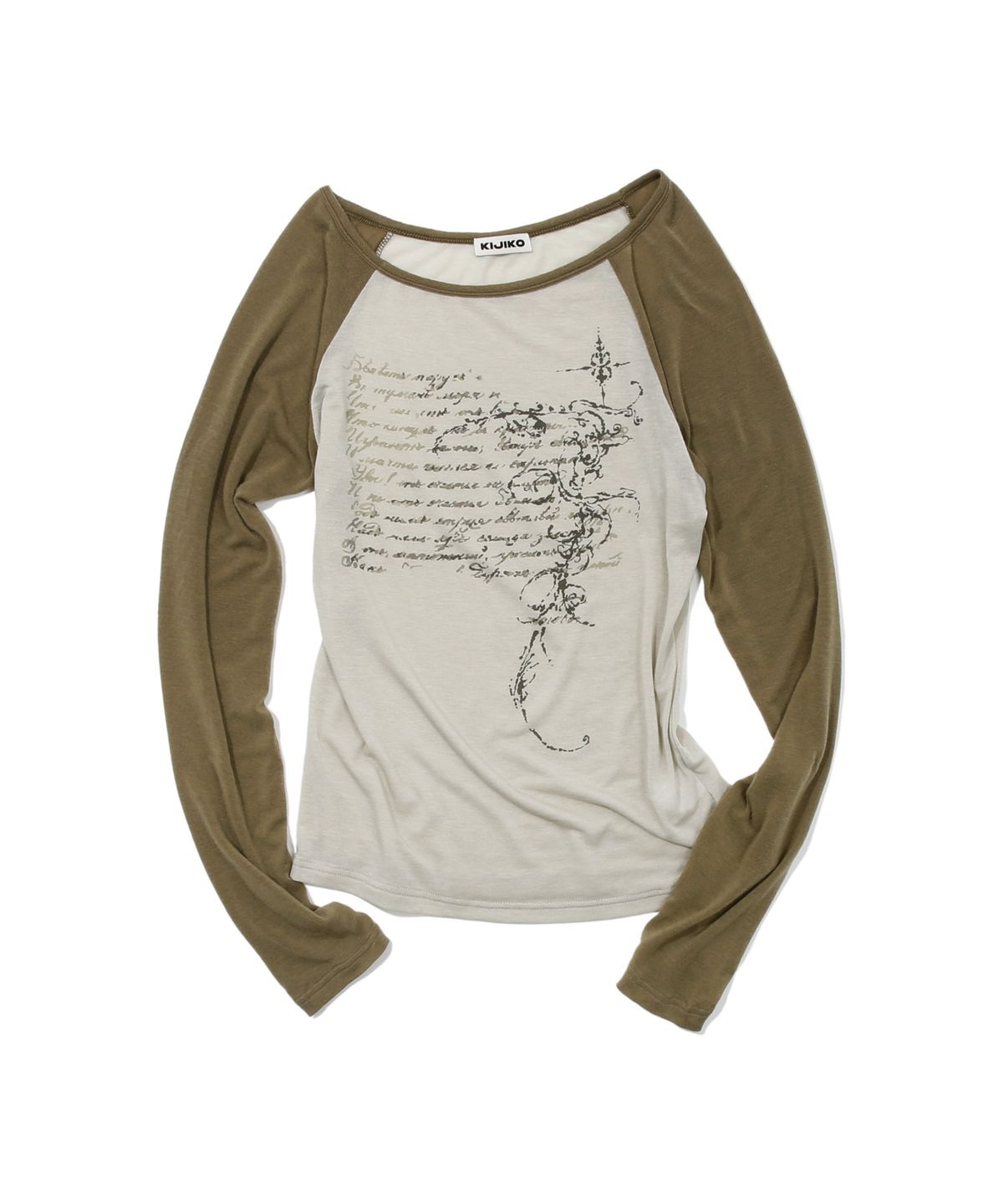 키지코(KIJIKO) ke310. Feather Soft Raglan Tee Khaki Brown