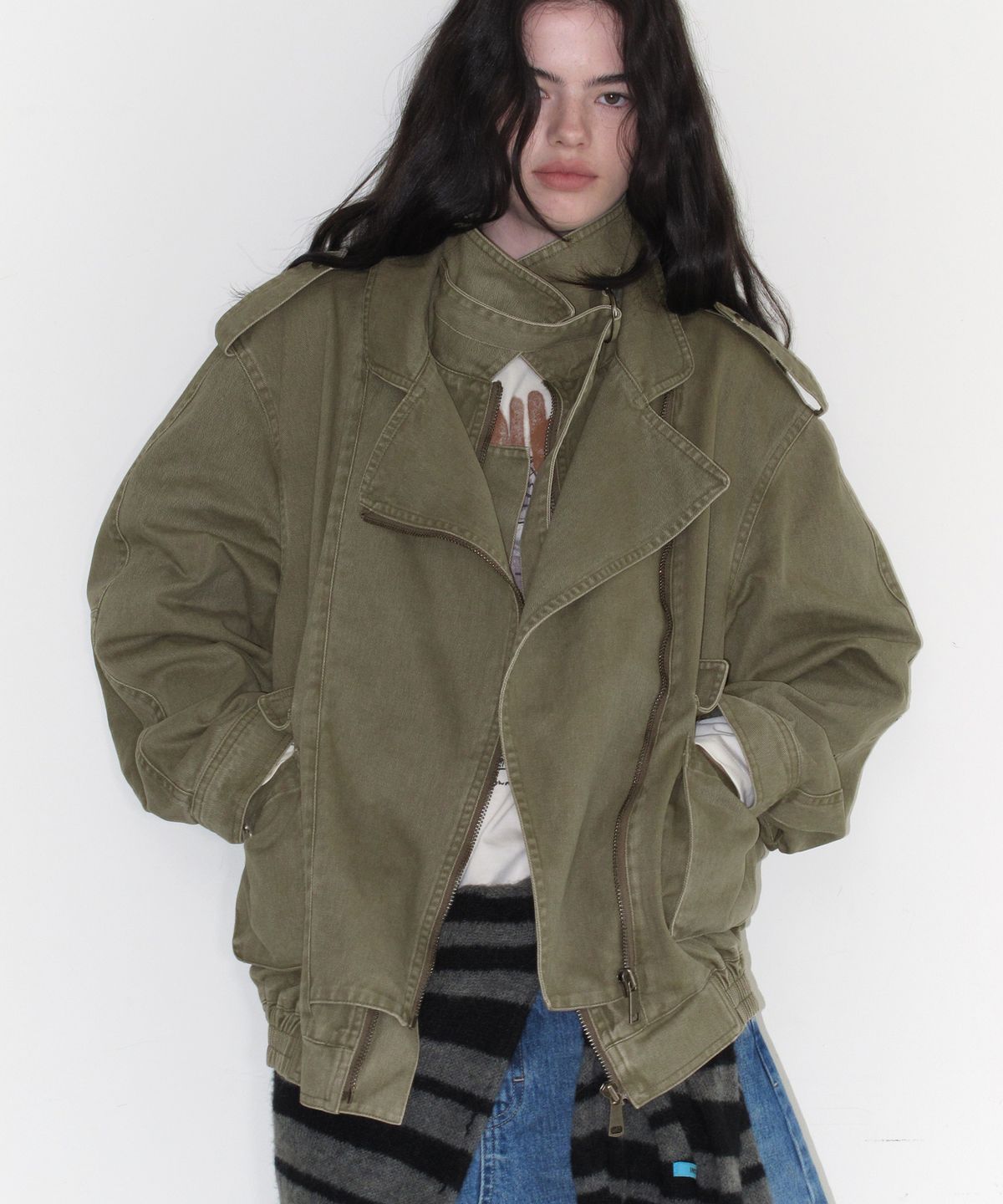 인스턴트펑크(INSTANTFUNK) [민지S PICK] LAYERED COLLAR RIDER JACKET - KHAKI