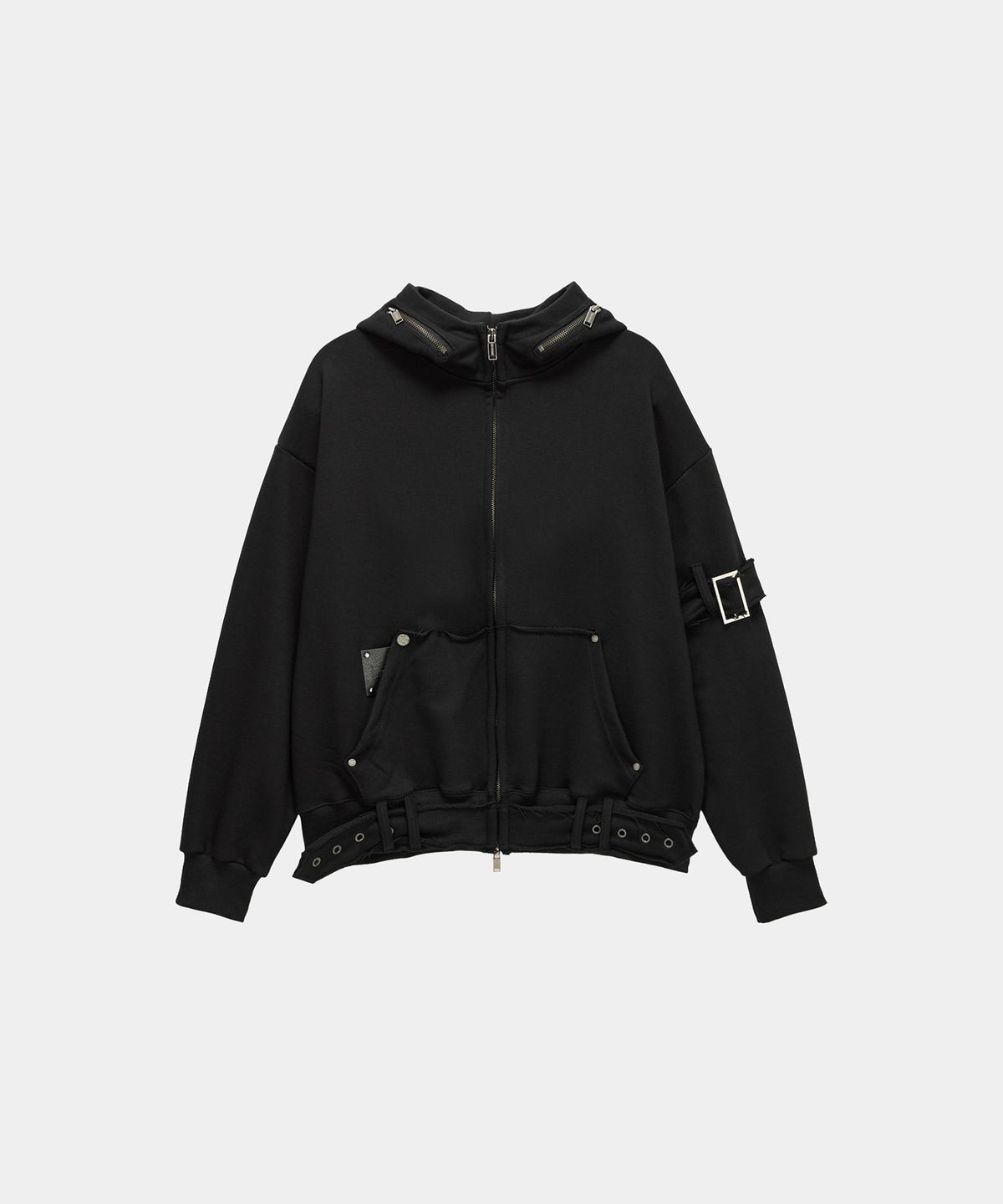 에트오소메(ETRE AU SOMMET) Belted Raw Edge Hood Zip-Up (Black)