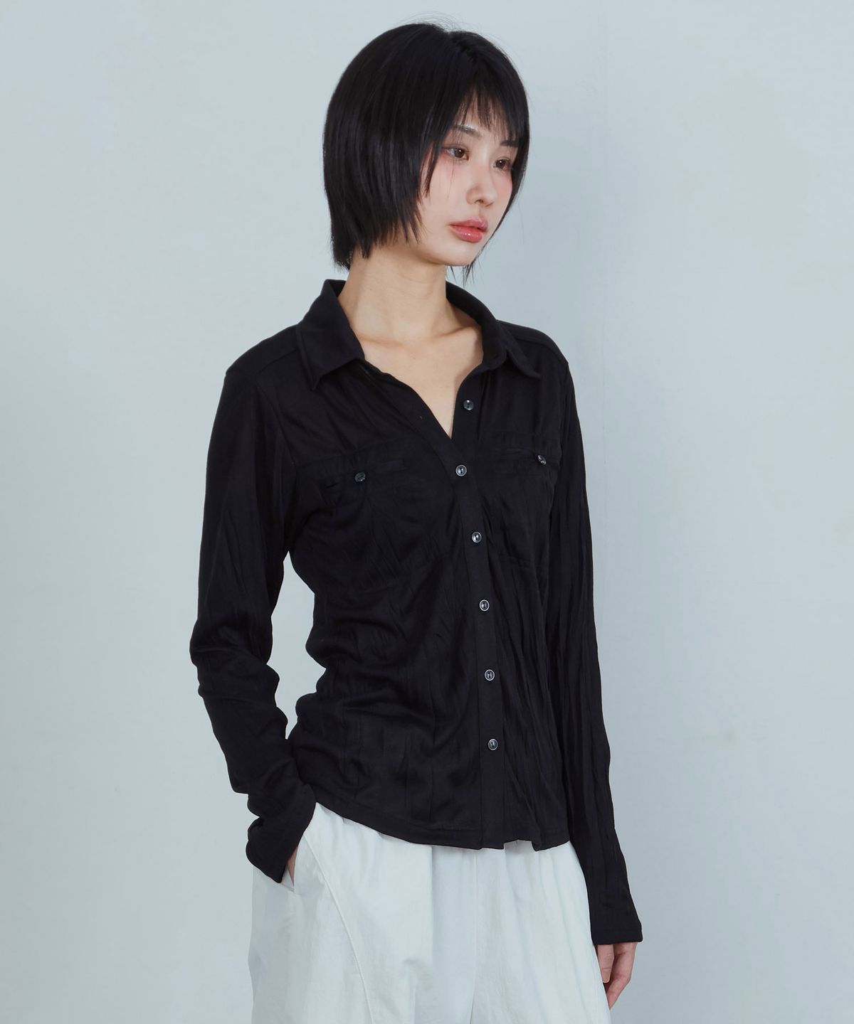 키지코(KIJIKO) ke210. Linkle Soft Slim Shirt Black