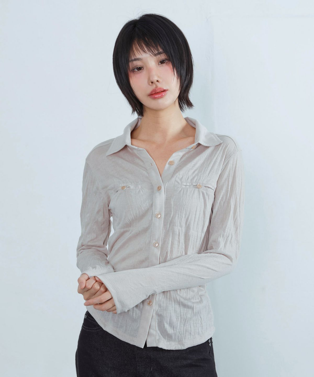 키지코(KIJIKO) ke210. Linkle Soft Slim Shirt Beige