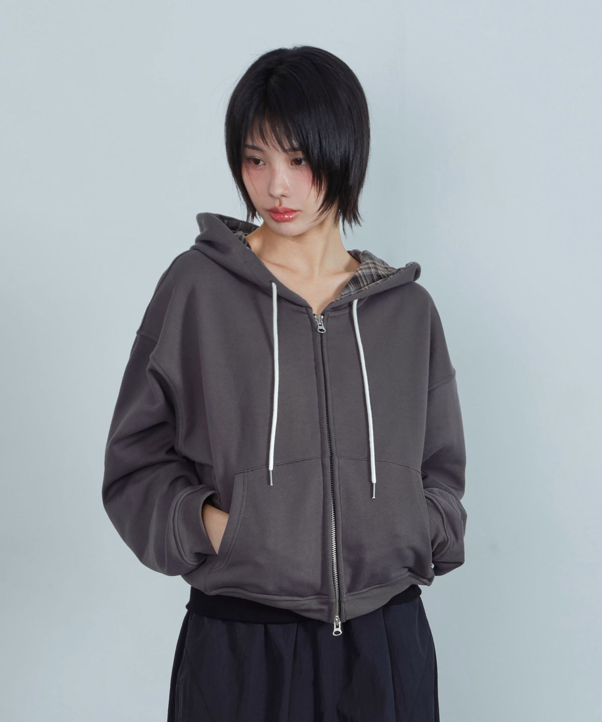 키지코(KIJIKO) ke110. Check Hoodie Zip-up Charcoal
