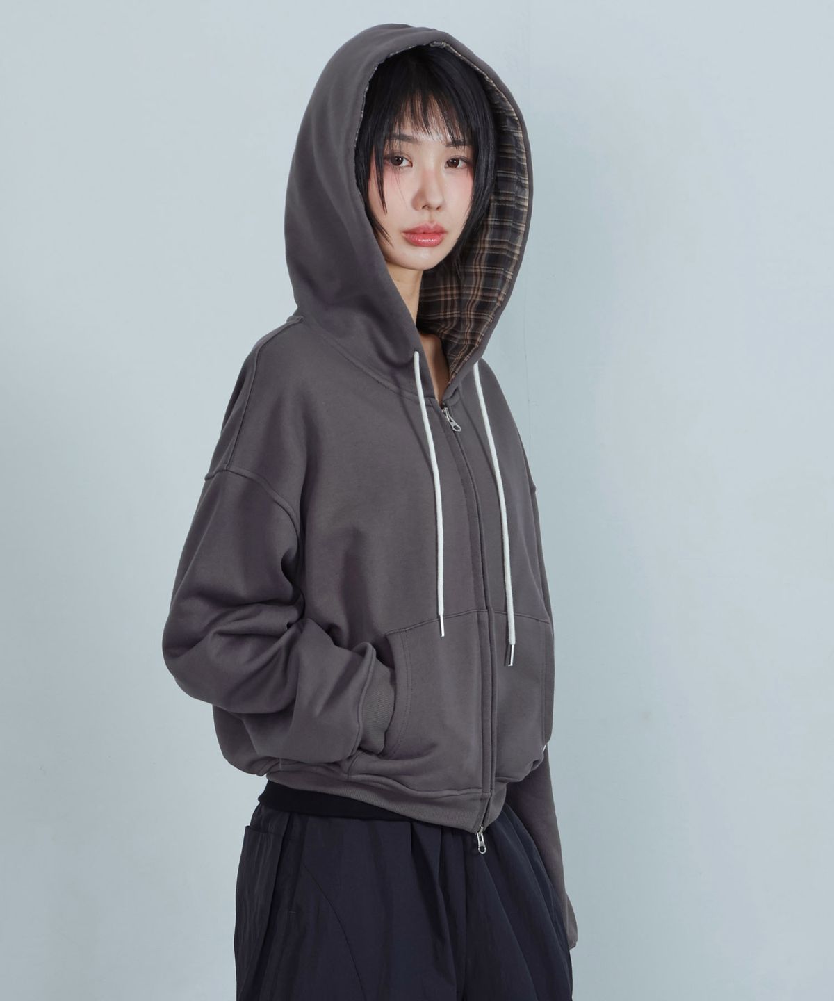 키지코(KIJIKO) ke110. Check Hoodie Zip-up Charcoal
