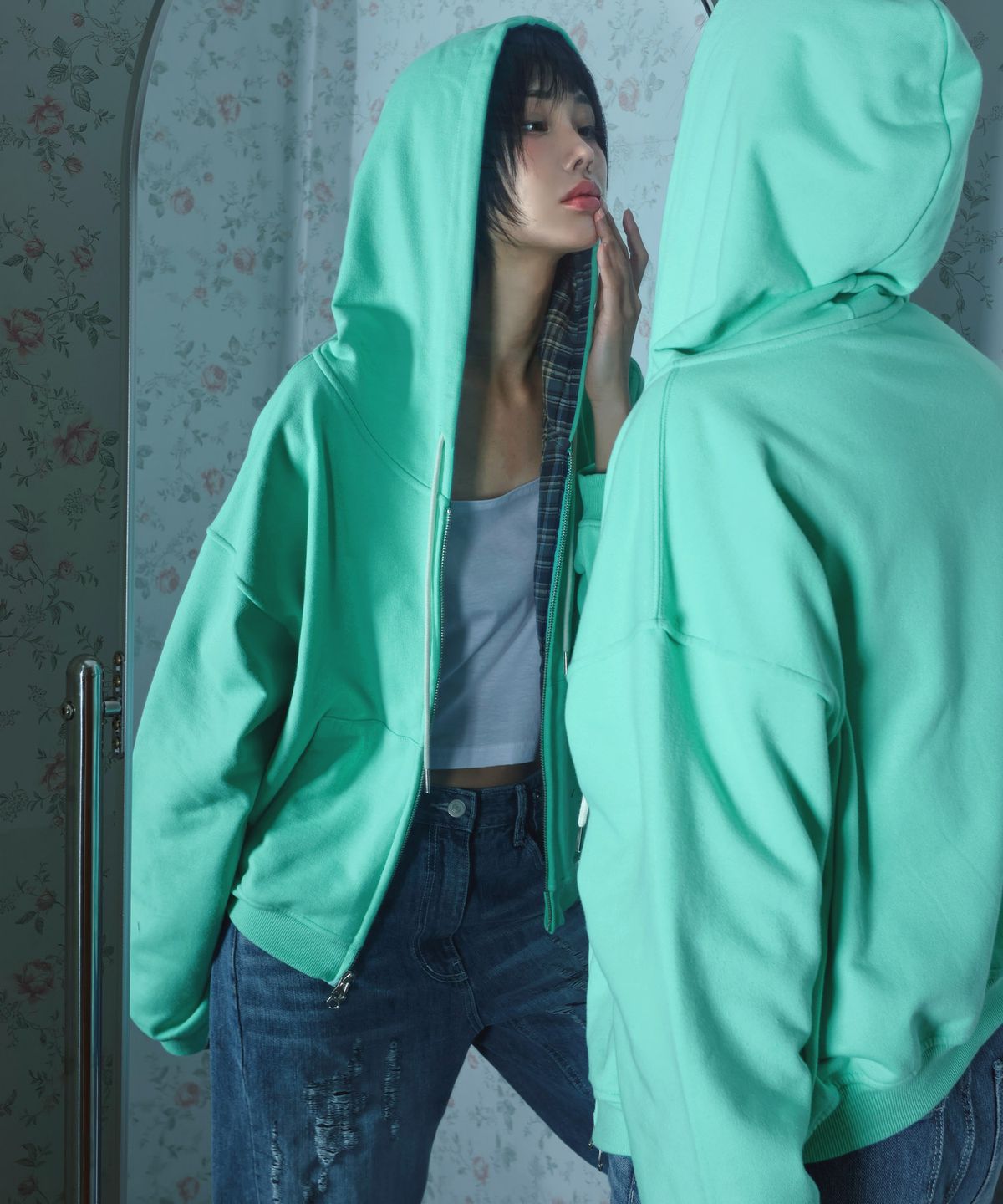 키지코(KIJIKO) ke110. Check Hoodie Zip-up Mint