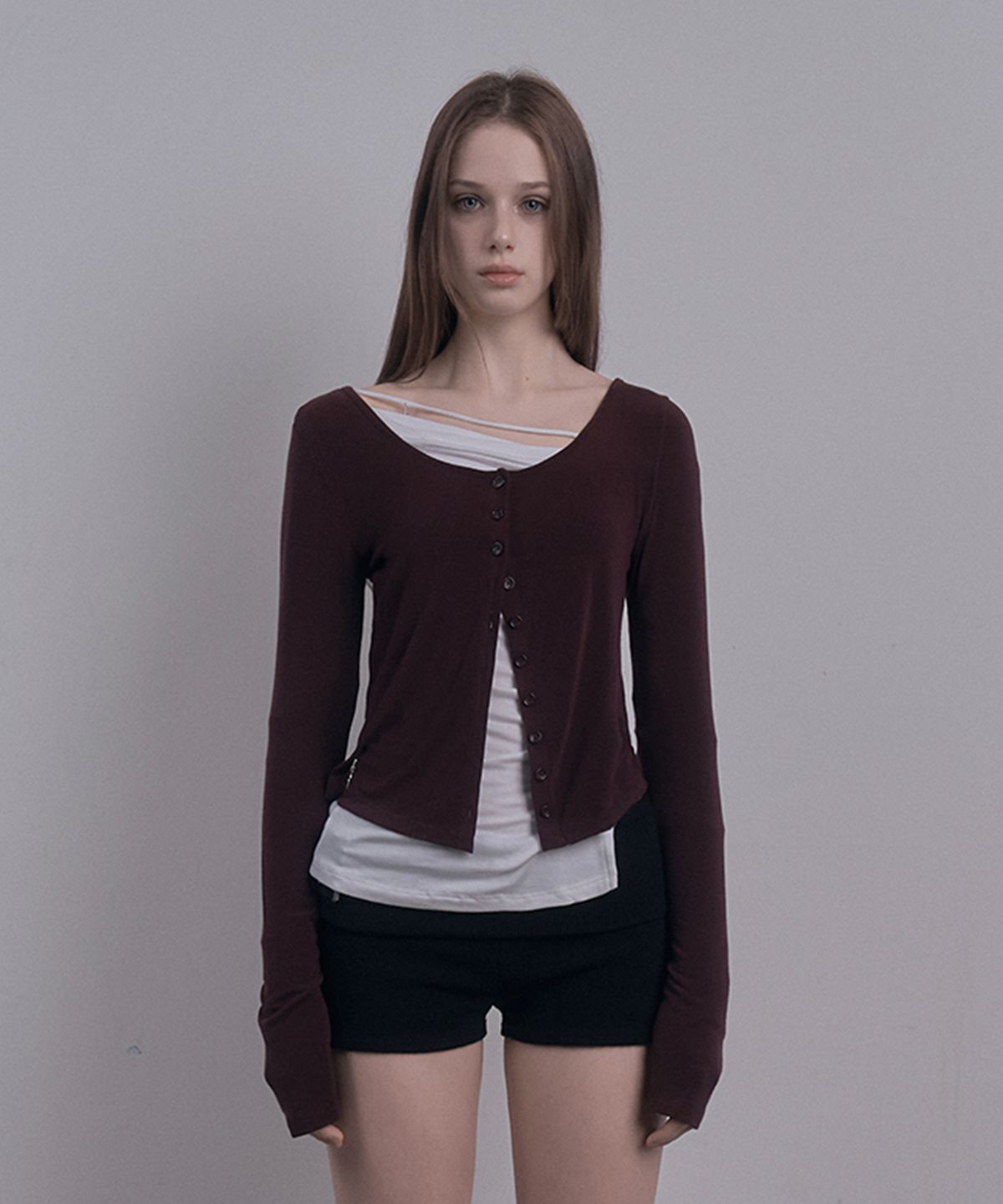데미오(DAMIO) Scoop Neck Wool Cardigan (Dark Plum)