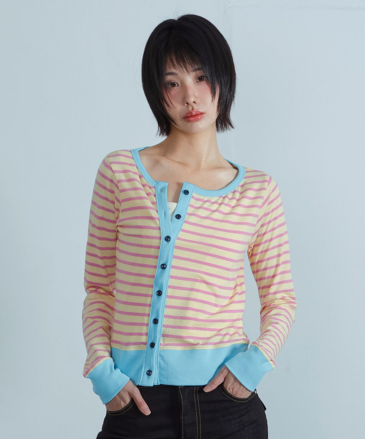 키지코(KIJIKO) ke109. Side Button Colorblock Cardigan Yellow