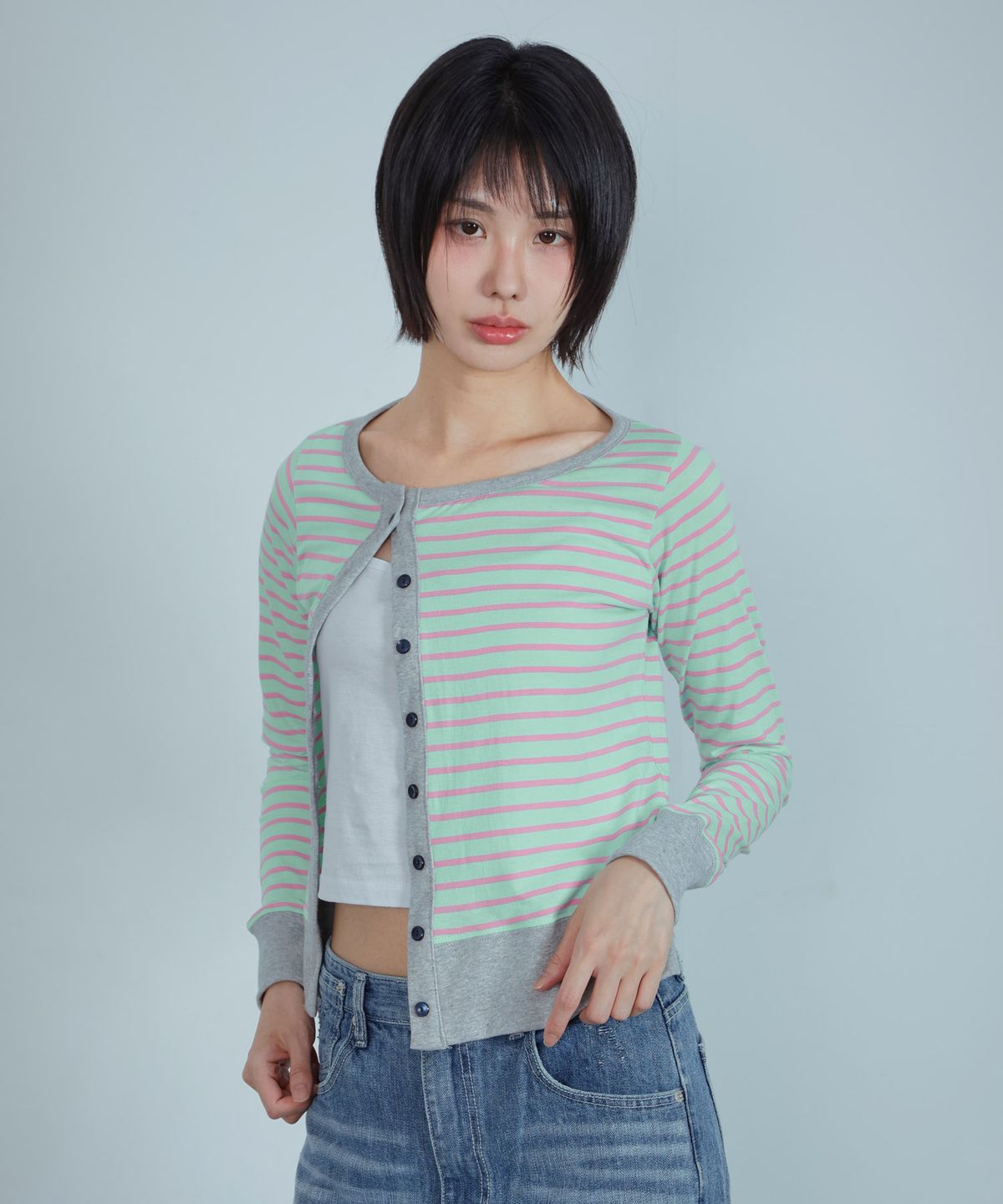 키지코(KIJIKO) ke109. Side Button Colorblock Cardigan Mint