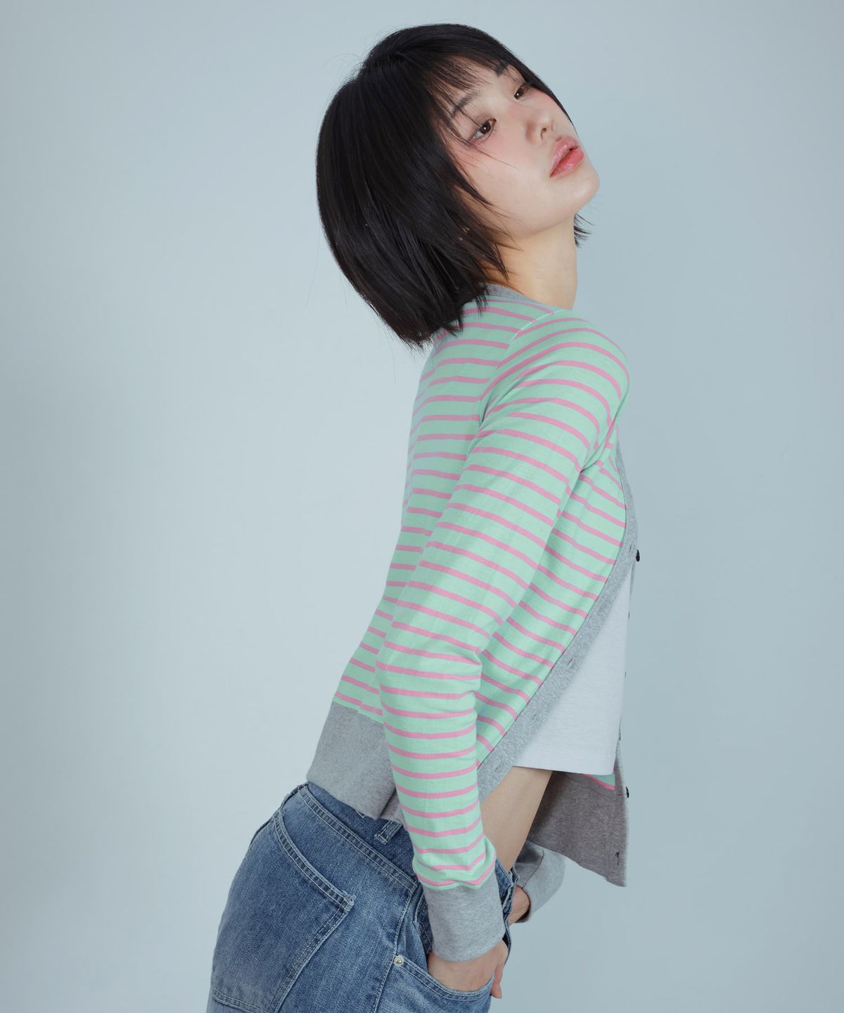 키지코(KIJIKO) ke109. Side Button Colorblock Cardigan Mint