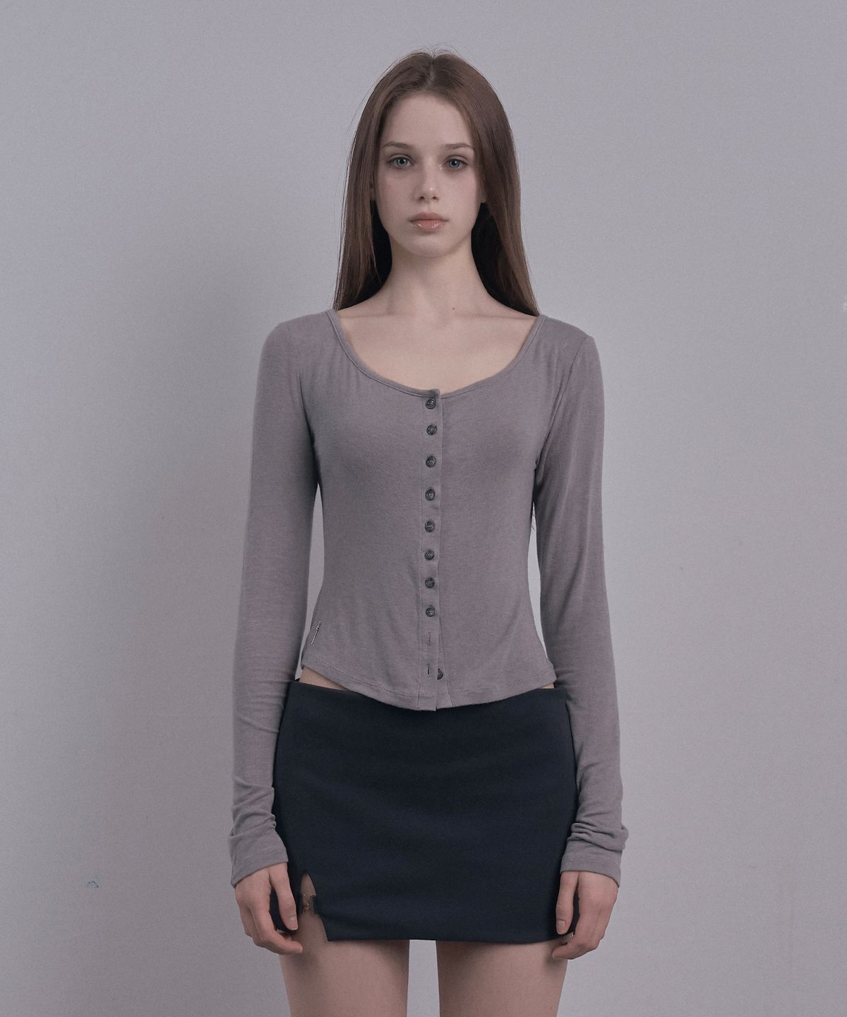 데미오(DAMIO) Scoop Neck Wool Cardigan (Stone Gray)