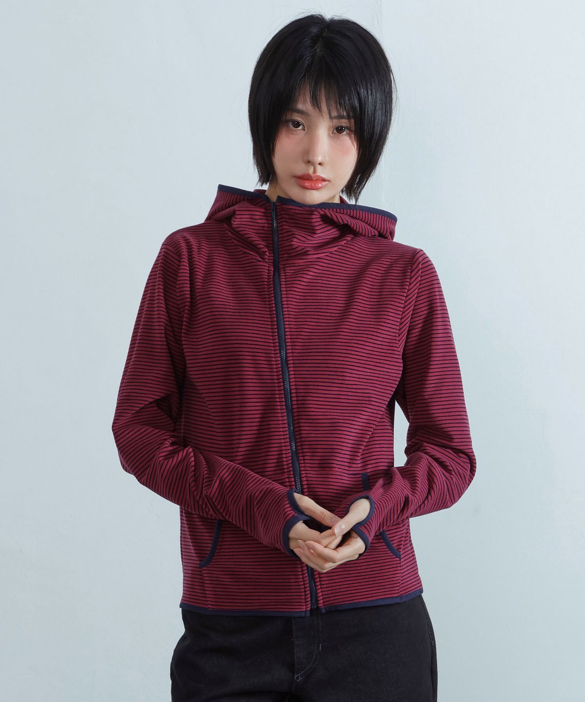 키지코(KIJIKO) ke108. Diagonal Fleece Balaclava Zip-up Burgundy