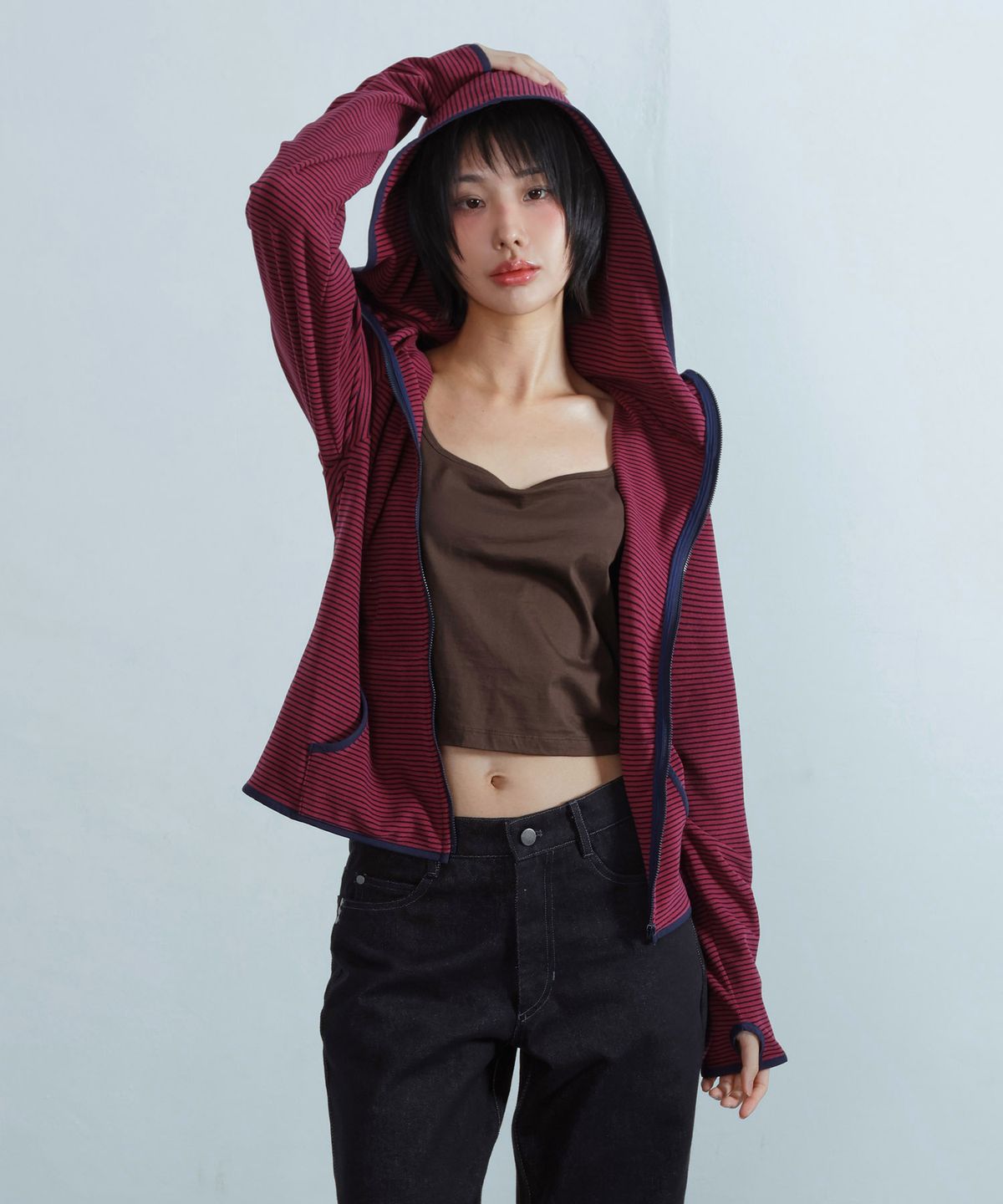 키지코(KIJIKO) ke108. Diagonal Fleece Balaclava Zip-up Burgundy