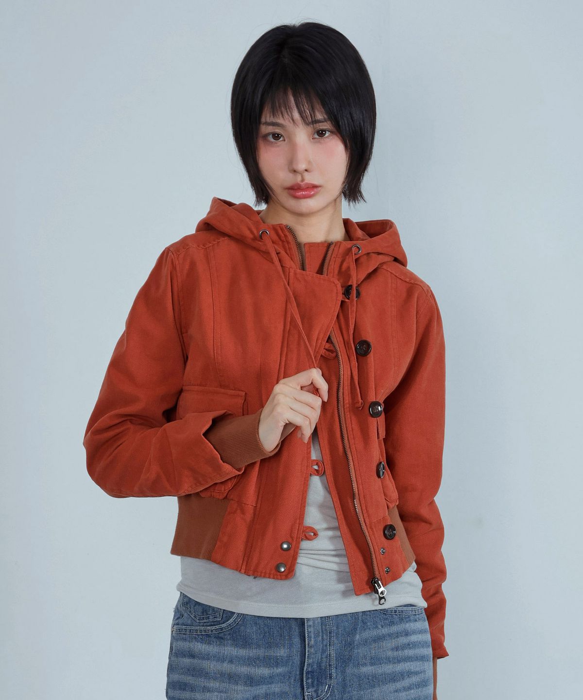 키지코(KIJIKO) ke107. Washed Cationic Hooded Field Jacket Brick