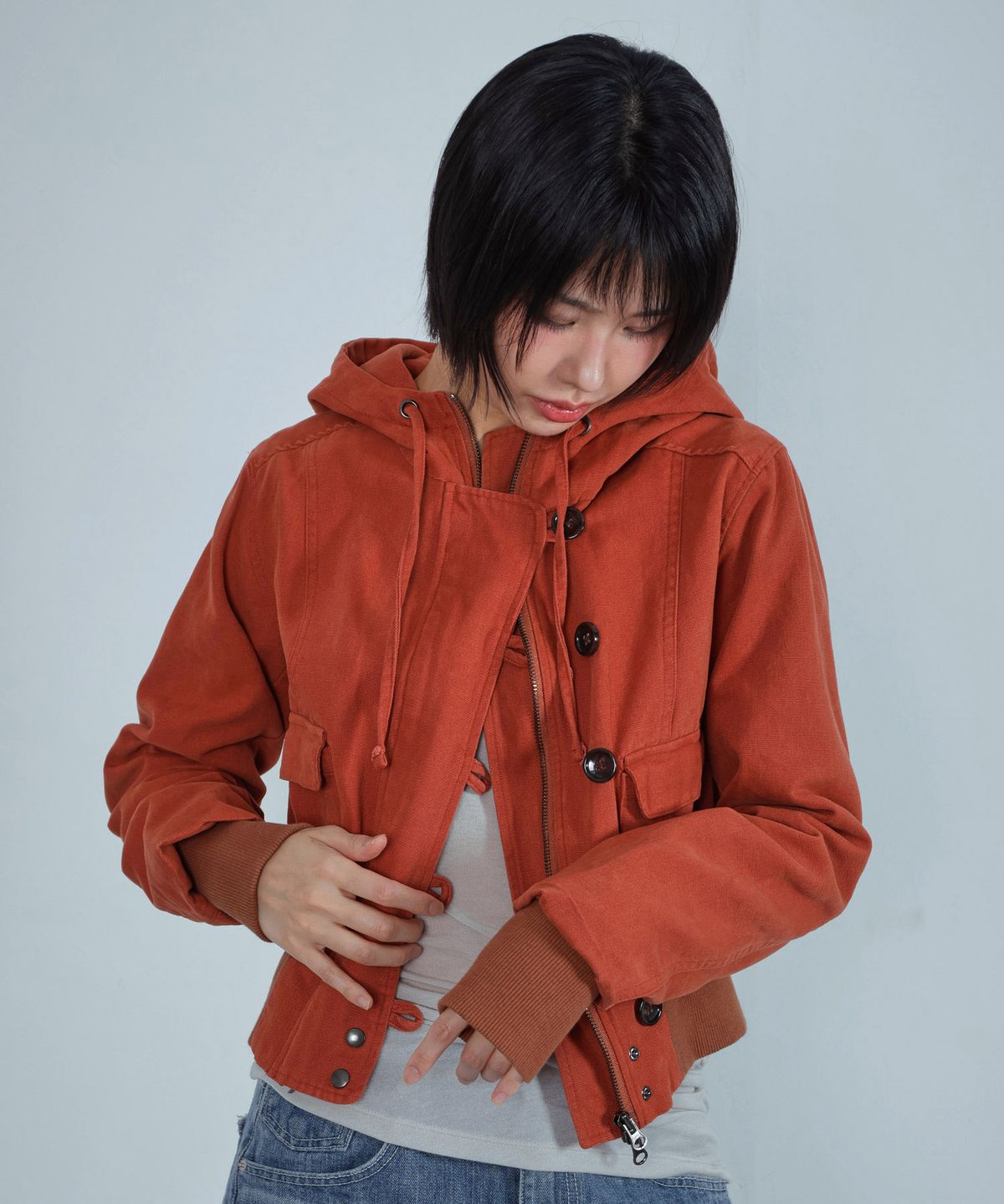 키지코(KIJIKO) ke107. Washed Cationic Hooded Field Jacket Brick
