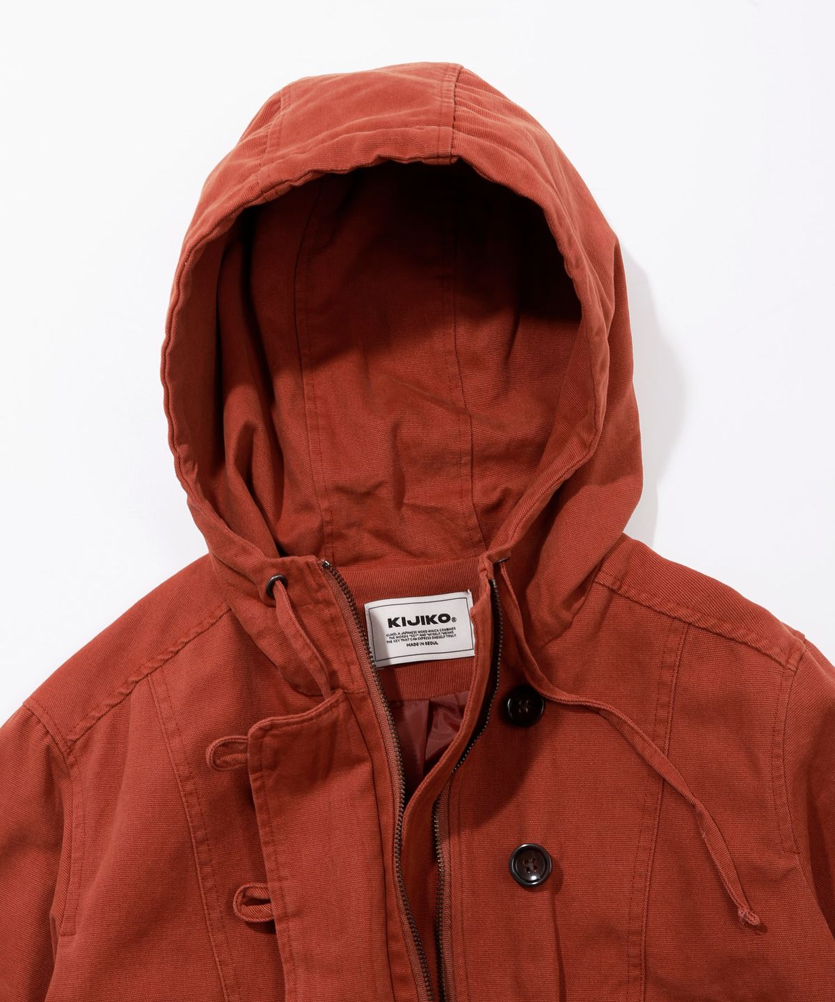 키지코(KIJIKO) ke107. Washed Cationic Hooded Field Jacket Brick
