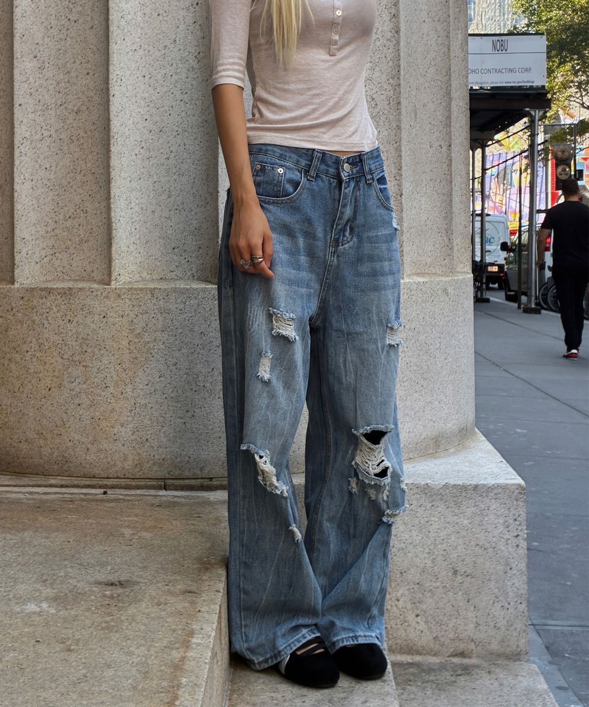 버진키스(VIRGINKISS) Fog distressed washing wide denim