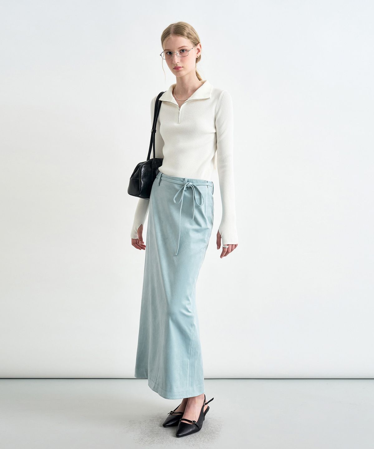 커스텀어클락 우먼(COSTUMEOCLOCK WOMAN) 포멀 슬릿 H라인 맥시 스커트 스웨이드 민트 COWSK005MINT