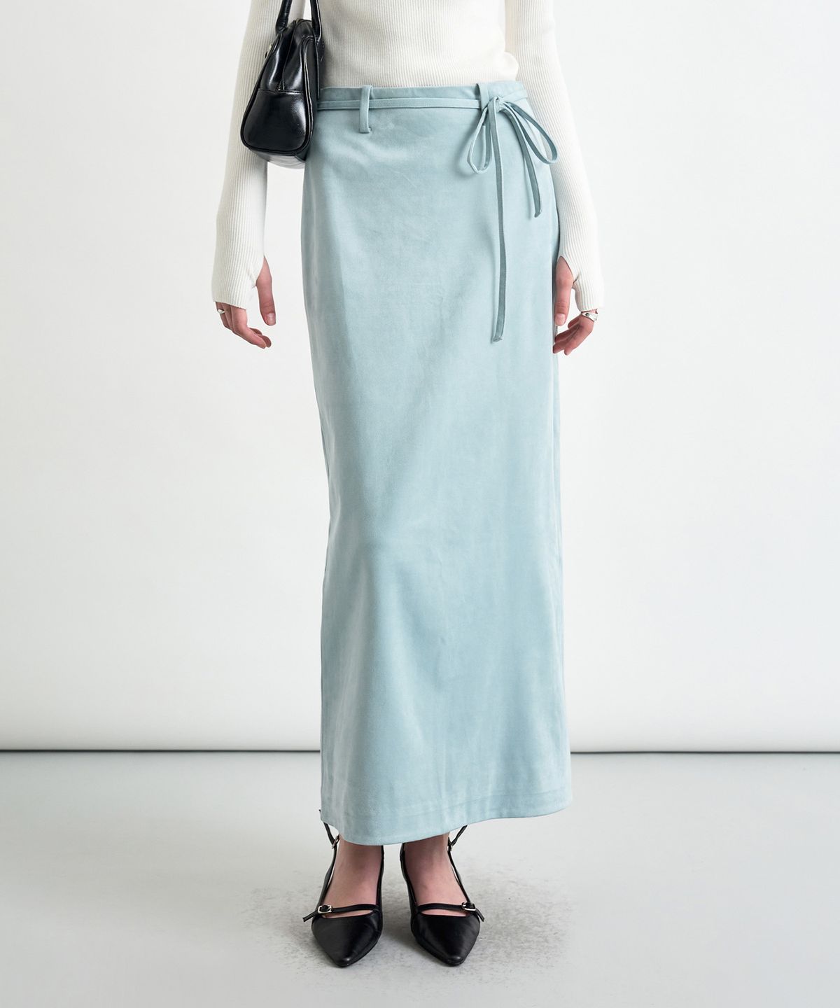 커스텀어클락 우먼(COSTUMEOCLOCK WOMAN) 포멀 슬릿 H라인 맥시 스커트 스웨이드 민트 COWSK005MINT