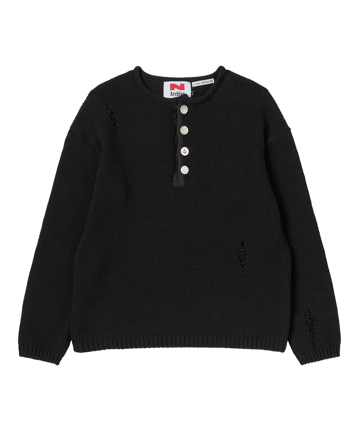 비욘드클로젯(BEYOND CLOSET) [COLLECTION LINE] 아카이브 헤비 웨이트 코튼 데미지 디테일 헨리넥 니트 블랙