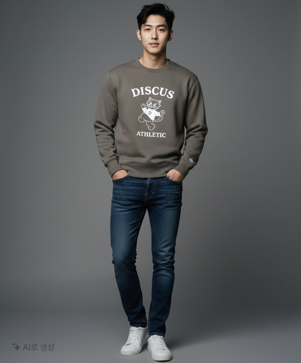 디스커스 애슬레틱(DISCUS ATHLETIC) 기모 레귤러 핏 고양이 스웨트 셔츠 차콜 L