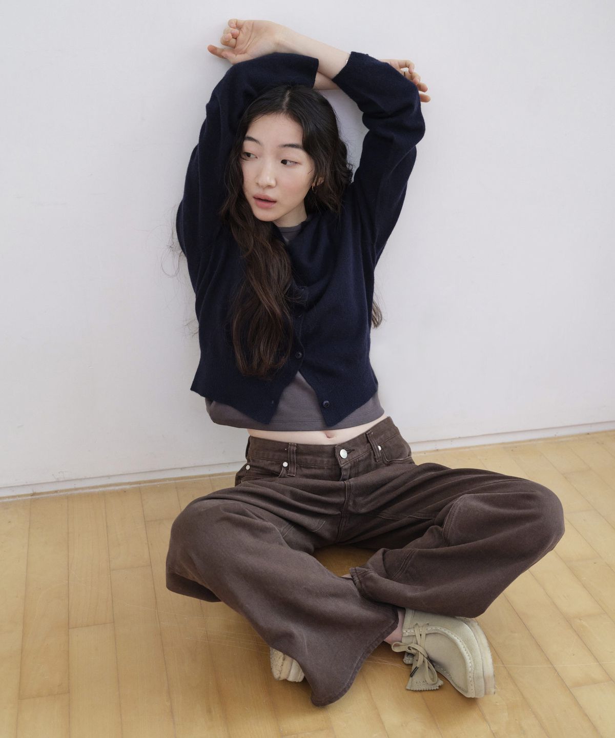 스텝어라운드(STEP AROUND) Cashmere whole garment round cardigan_NAVY
