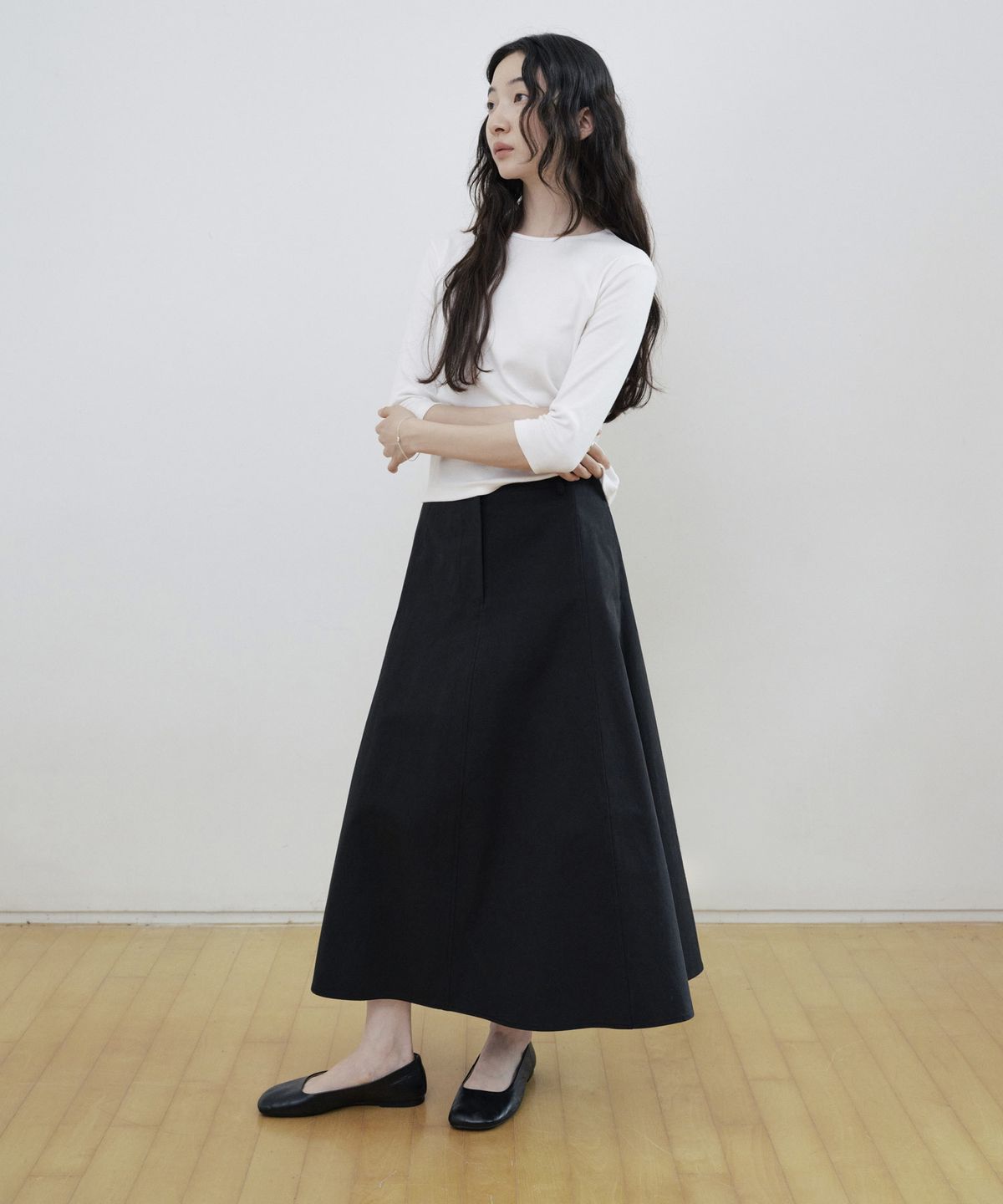 스텝어라운드(STEP AROUND) Cotton Panel Flare Skirt_BLACK