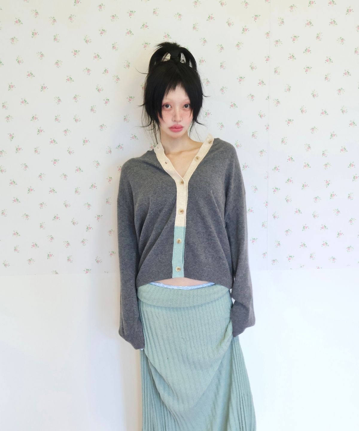 키코지(KIKOZY) Vintage Tone Mix Cardigan_Chacoal