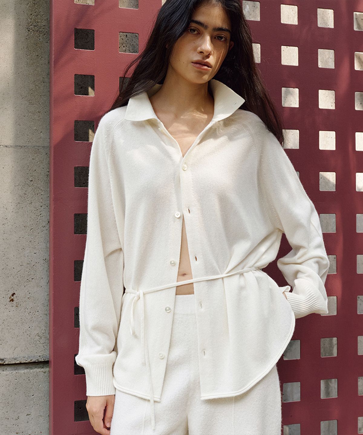 우마뭉(UMARMUNG) Wool cashmere convertible collar shirt_Ivory