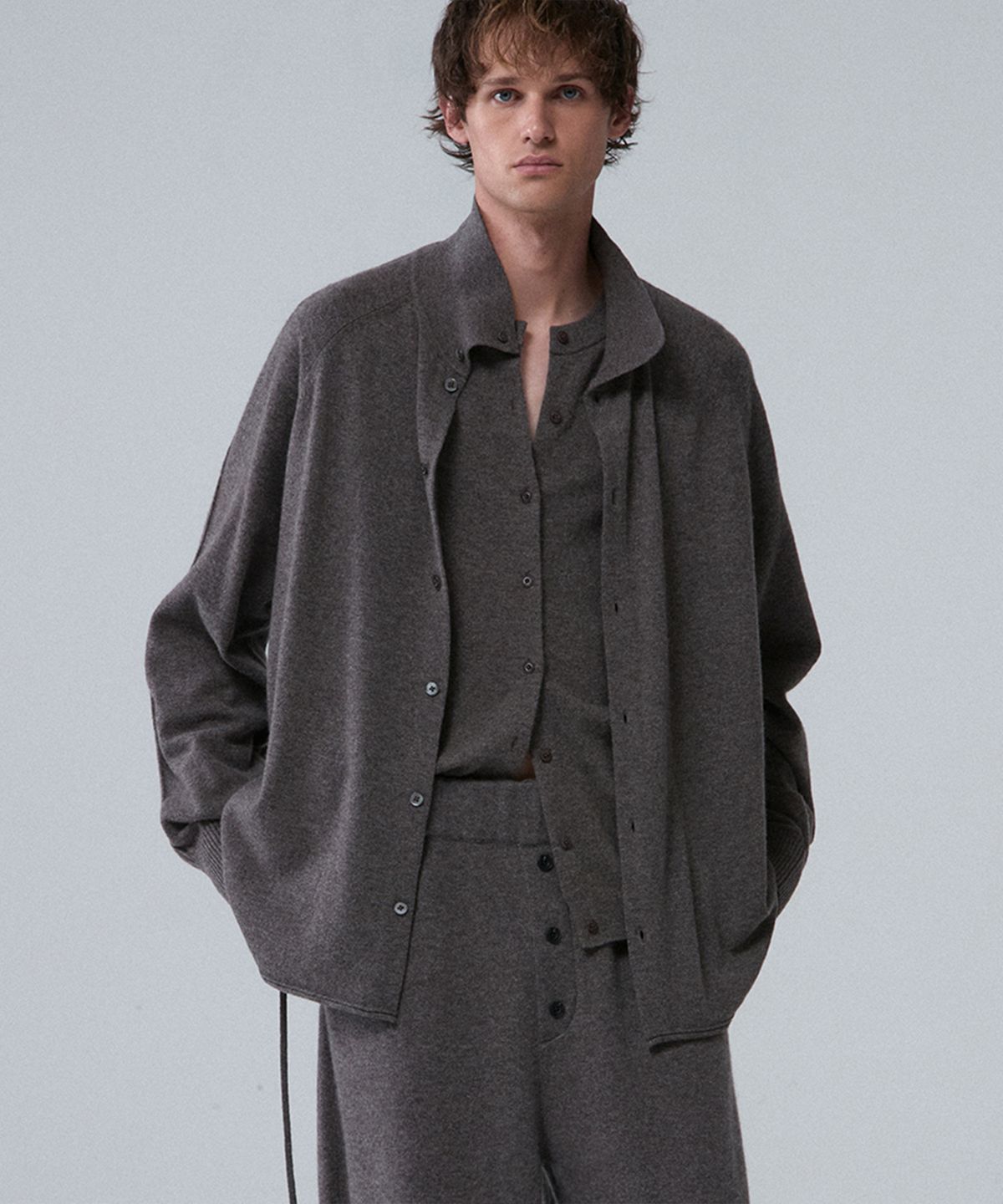 우마뭉(UMARMUNG) Wool cashmere convertible collar shirt_Taupe