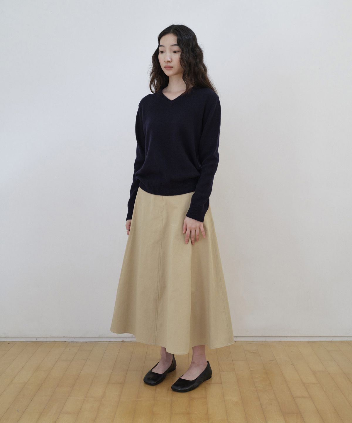 스텝어라운드(STEP AROUND) Cotton Panel Flare Skirt_BEIGE
