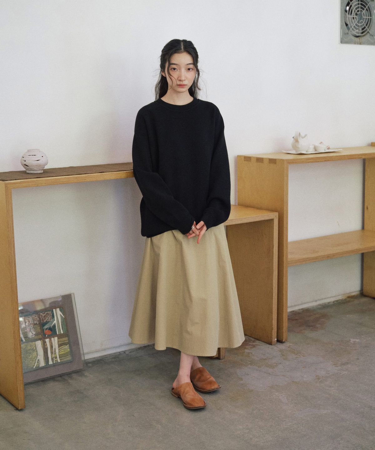 스텝어라운드(STEP AROUND) Cotton Panel Flare Skirt_BEIGE