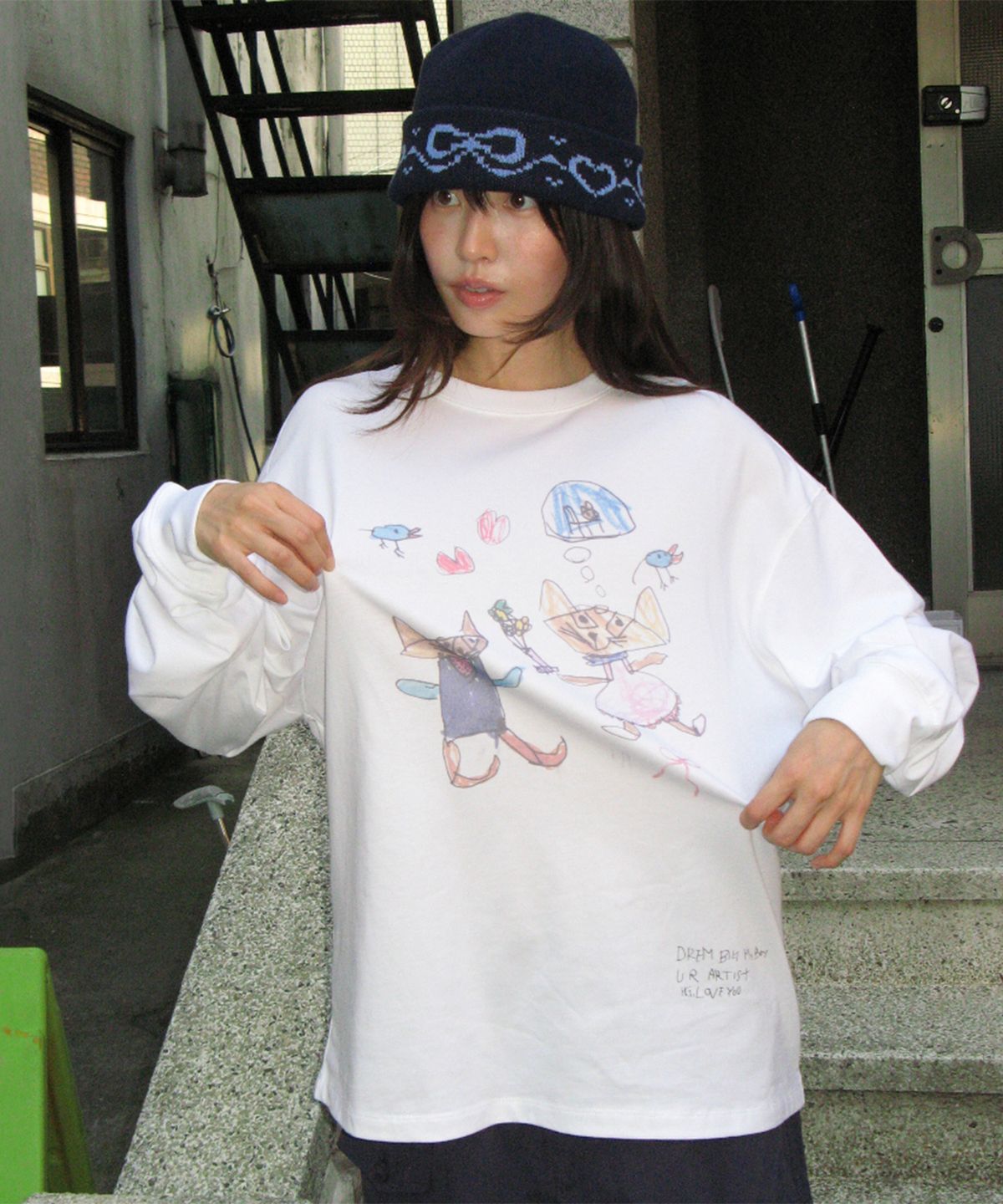 론론(RONRON) KIDS CAT DOODLE LONG SLEEVE WHITE