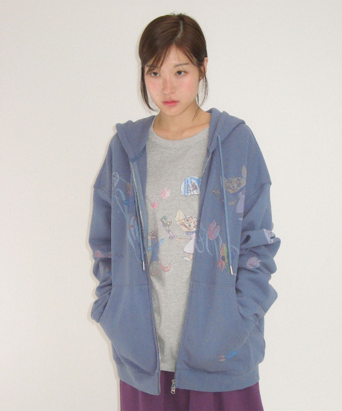 론론(RONRON) KIDS CAT DOODLE LONG SLEEVE GREY