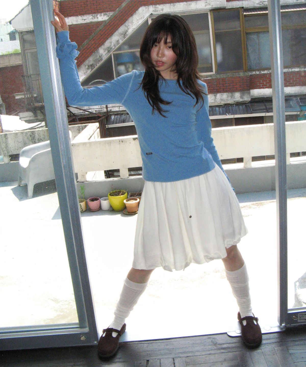 론론(RONRON) SCRUNCHIE SET LETTUCE SLIM LONG SLEEVE BLUE