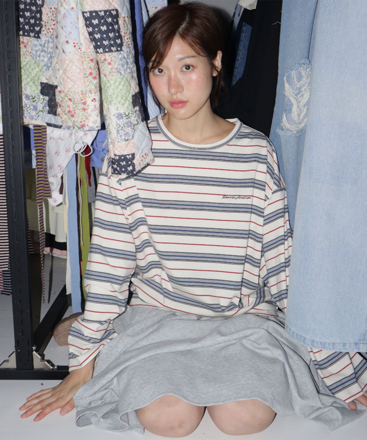 론론(RONRON) STRIPE LETTERING LONG SLEEVE IVORY
