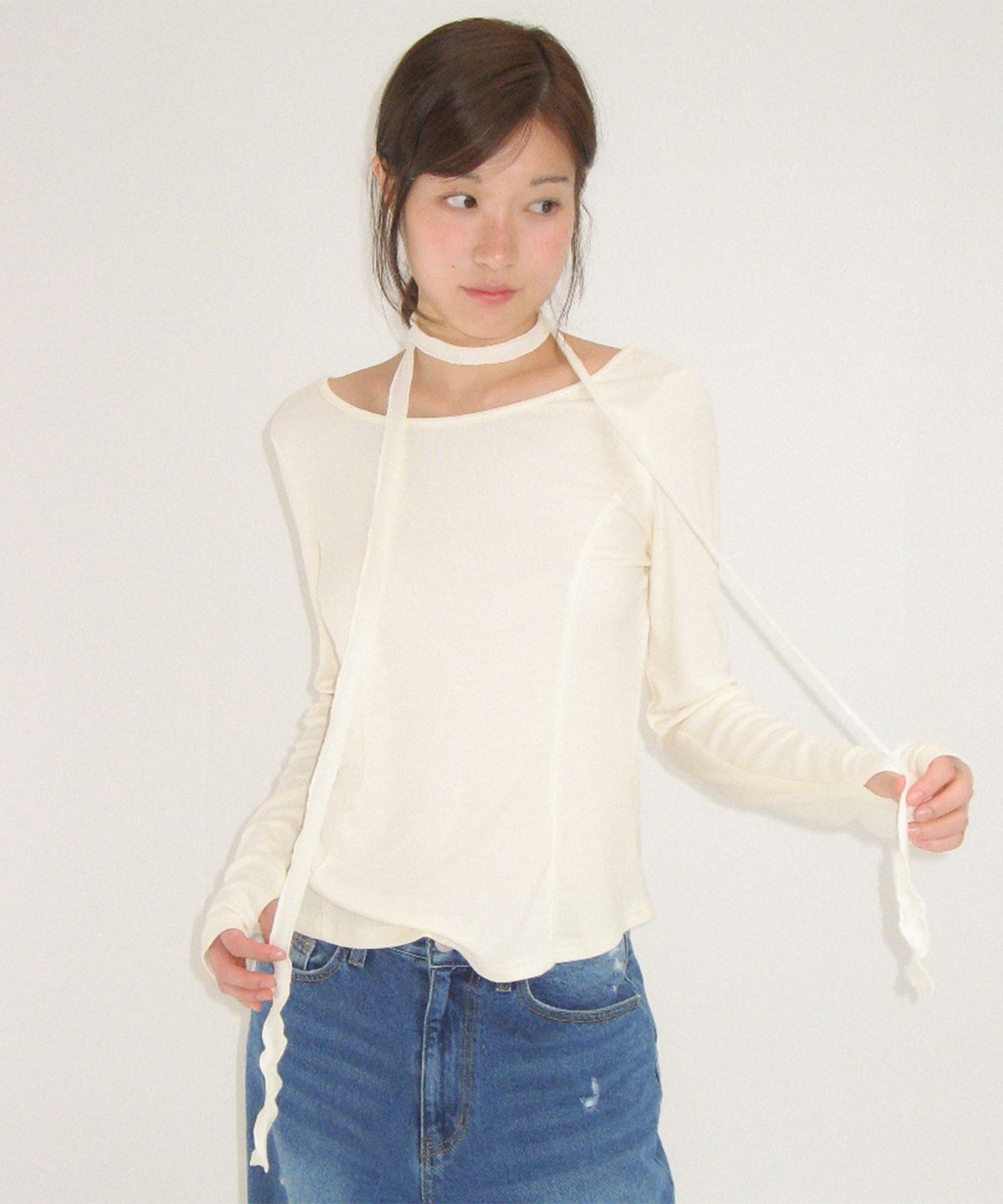 론론(RONRON) PETIT SCARF SET BOAT NECK LONG SLEEVE CREAM