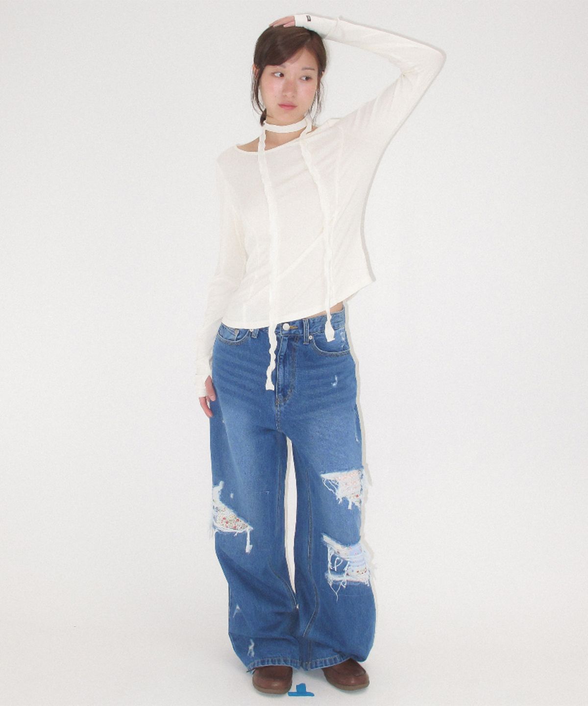 론론(RONRON) PETIT SCARF SET BOAT NECK LONG SLEEVE CREAM