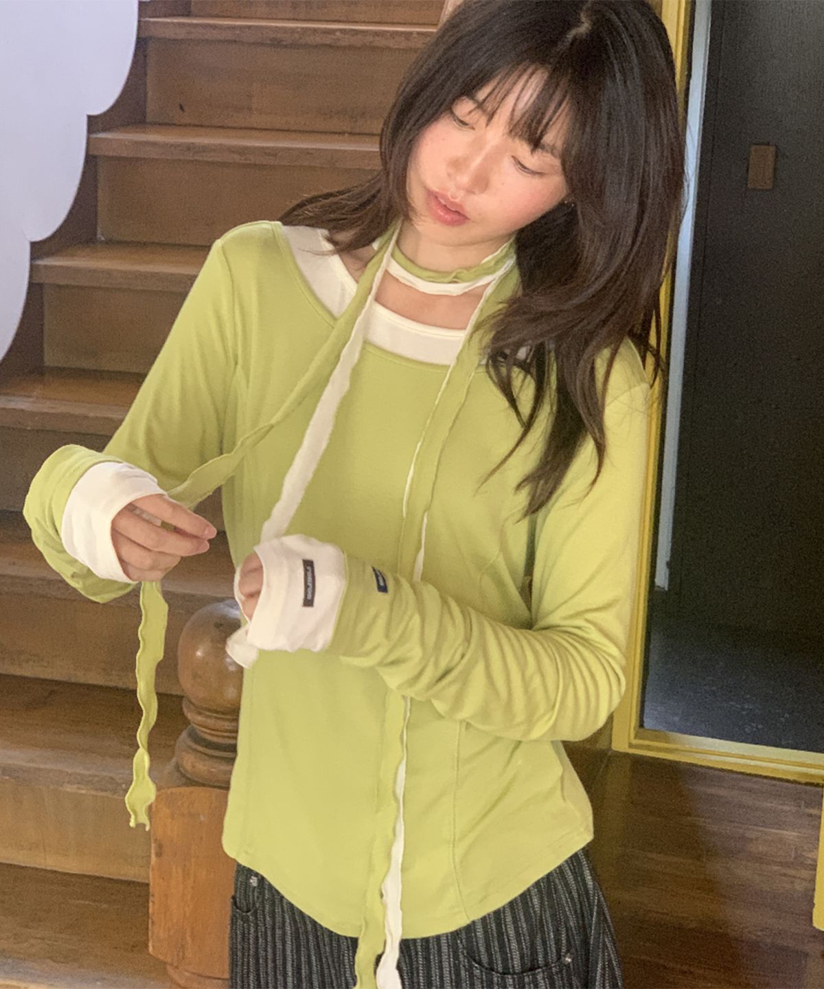 론론(RONRON) PETIT SCARF SET BOAT NECK LONG SLEEVE OLIVE