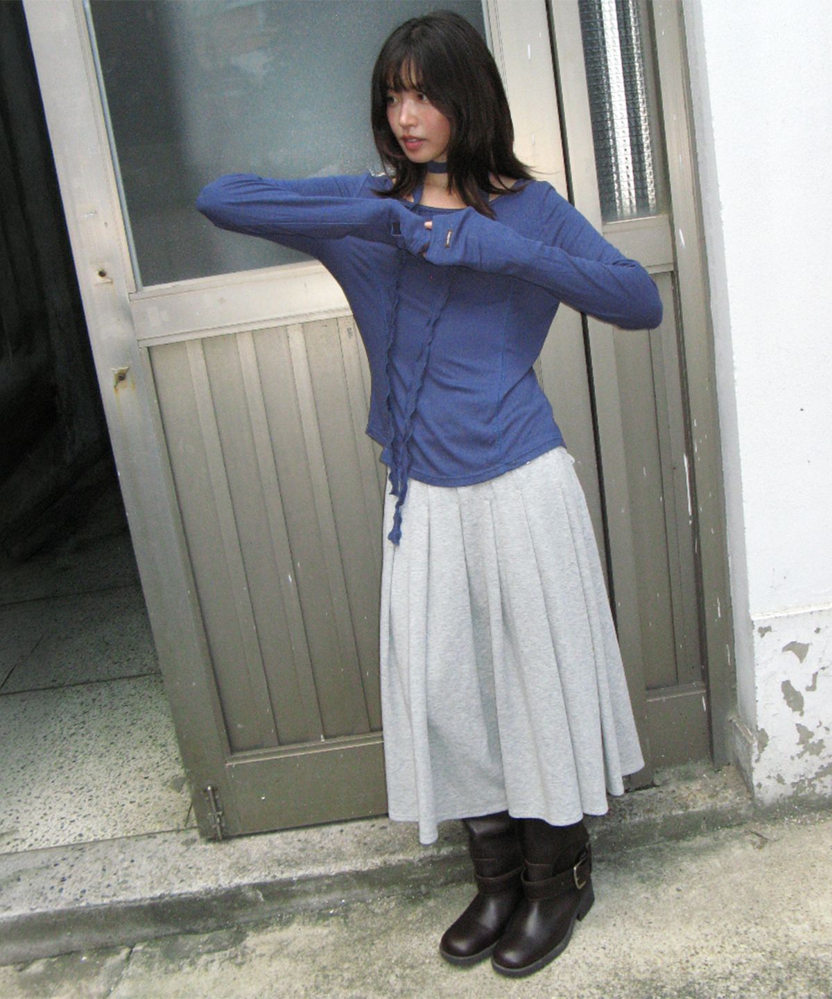 론론(RONRON) PETIT SCARF SET BOAT NECK LONG SLEEVE NAVY