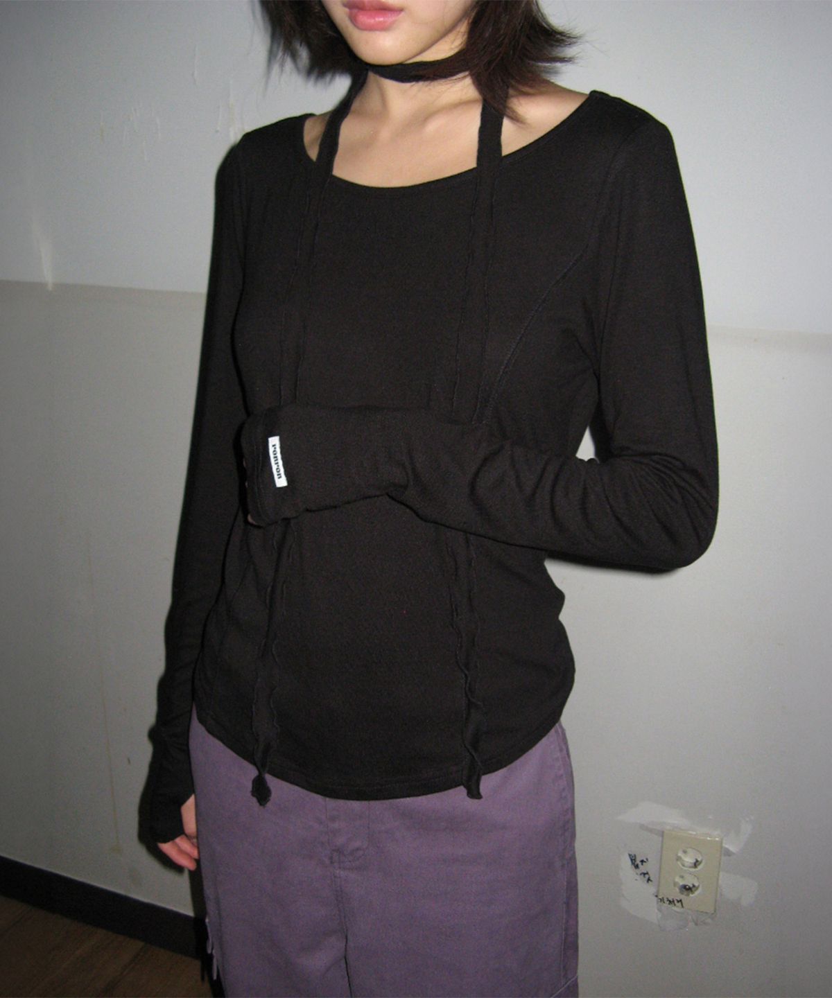 론론(RONRON) PETIT SCARF SET BOAT NECK LONG SLEEVE BLACK