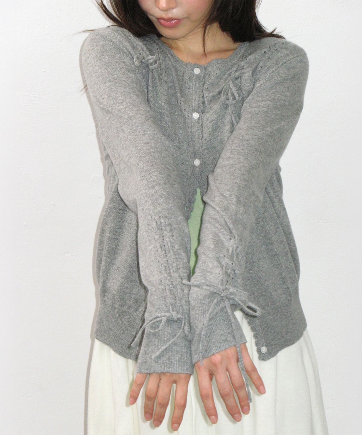 론론(RONRON) OPENWORK RIBBON CARDIGAN GREY
